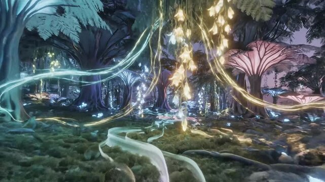 Ethereal fantasy forest with glowing trees, magical plants, and illuminated paths