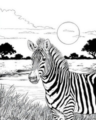Fototapeta premium Zebra coloring page for kids and adults with african savanna landscape background, hand drawn black and white line art of wild animal with stripes, sun and acacia trees for nature education books