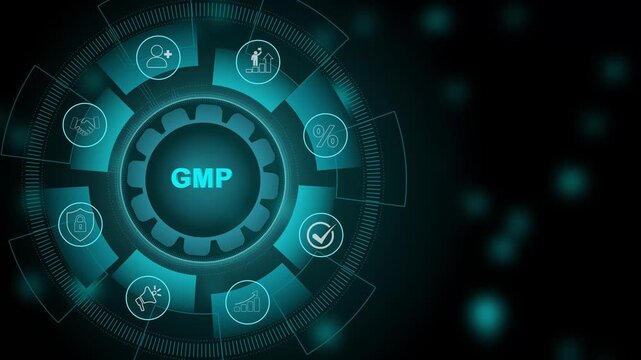 Good manufacturing practice certification quality control on virtual screen. GMP, business insights from large data sets. 3d Motion graphics of technology icon interface background