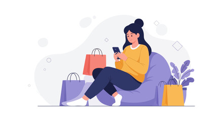 Obraz premium Woman Shopping Online Using Smartphone While Relaxing With Shopping Bags