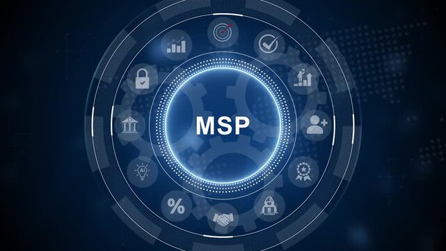 MSP acronym, managed service provider concept, A managed service provider is a third party company that remotely. 3d Motion graphics of technology icon interface background