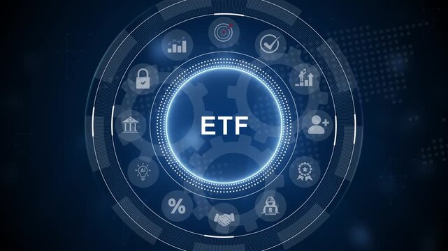 Exchange traded fund stock market trading investment financial ETF concept. a futuristic holographic advanced HUD circle platform. 3d Motion graphics of technology icon interface background