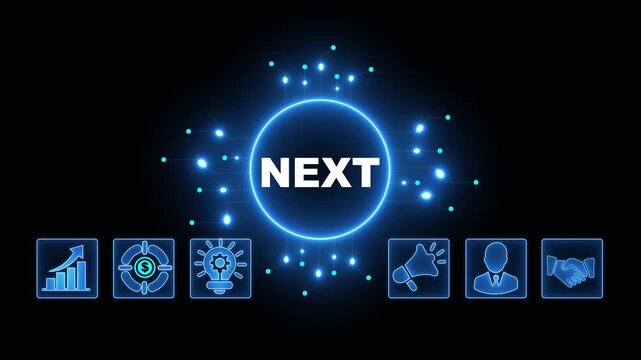 NETX Acronym on Central Circuit Board. Digital Data Neon Circuit Board Concept. Idea, Growth, Target, Marketing, Lock, and Person Icons. Digital Technology Blue Background. 4k Video