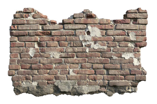 Decayed red brick wall segment with crumbling plaster