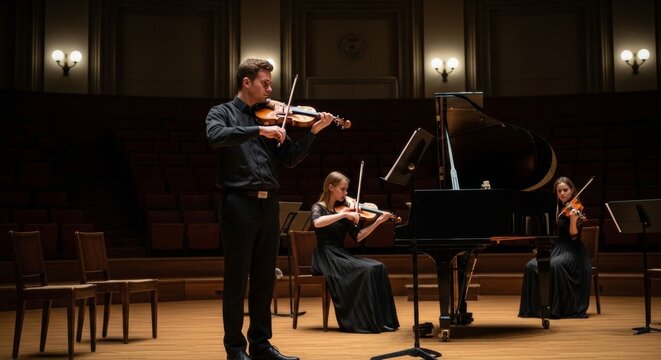 Musicians perform a classical string quartet concert on a dimly lit stage in an ornate concert hall.