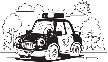 Police Car, Cartoon Vehicle, Black and White Illustration, Law Enforcement isolated on Transparent Background © Ripon