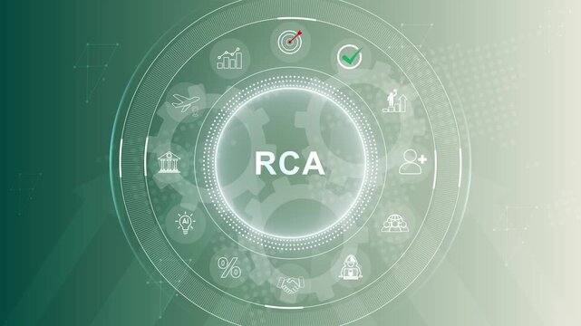 RCA Root Cause Analysis concept. Animated Circuit board futuristic processing. 3d Motion graphics of technology icon interface background