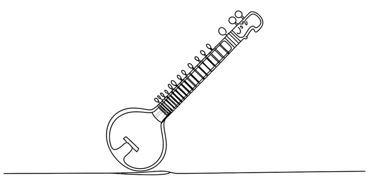 A simple continuous line drawing of a sitar, a traditional indian stringed musical instrument. Vector, illustration