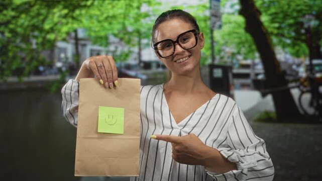 Woman points finger to paper bag with smiley sticky note on street lined with green trees and canal; cheerful small business promotion.