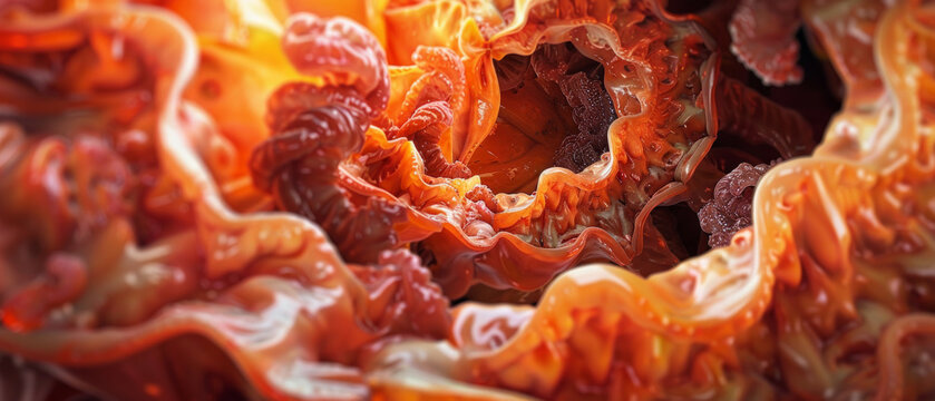 The interior of the human small intestine, with its distinct folds of mucous membrane and villi, provides an anatomical detail suitable as a background for medical presentations  