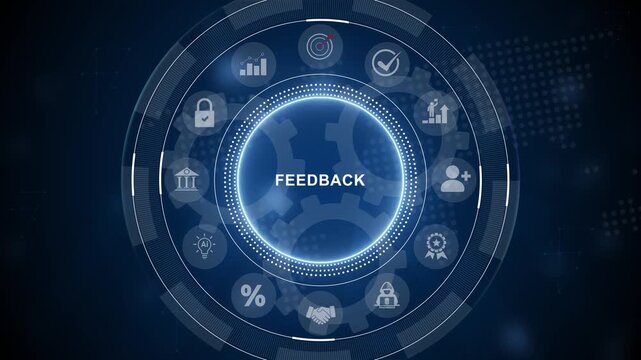 Get feedback for improvement. Listen to team and customer feedback to improve work efficiency. Team communication skill, engagement. 3d Motion graphics of technology icon interface background