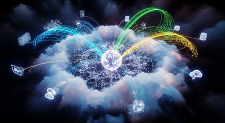 Obraz premium Cloud computing network displays vibrant light trails connecting various digital icons to a central artificial intelligence core.