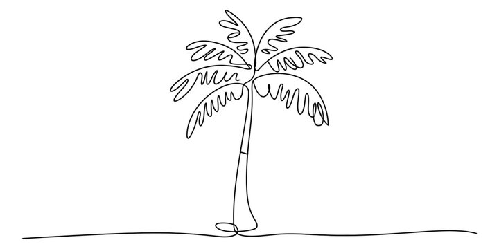 Minimalist continuous line art illustration of a single palm tree standing on a horizontal line Vector, illustration