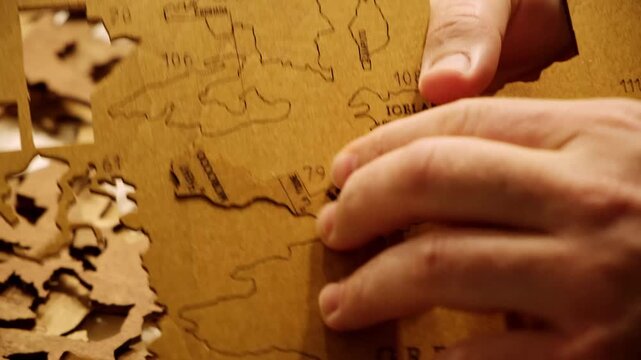 Male hands take out a laser-cut piece from a sheet of plywood to assemble a wooden decorative world map. The creative process of creating DIY crafts. Hobby concept. Carpentry. High quality 4K.