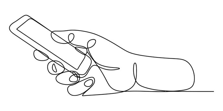 Continuous line drawing of a human hand holding a smartphone on a white background. Vector, illustration