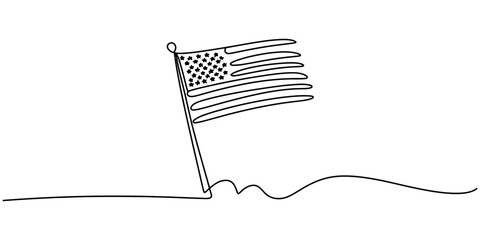Minimalist one line art of the united states of america flag waving in the wind on a pole. Vector, illustration © RK Drawing Gallery