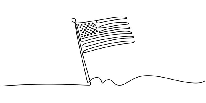 Minimalist one line art of the united states of america flag waving in the wind on a pole. Vector, illustration