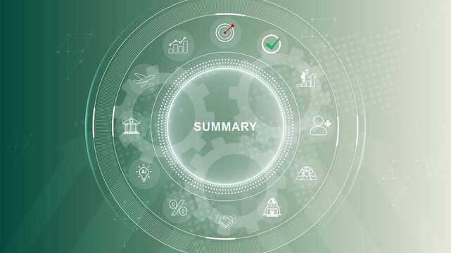 Summary concept. Summarize data, information, past performance analysis for development, improvement. The business presentation of meeting. 3d Motion graphics of technology icon interface background