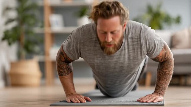 Overweight man performing knee push ups on exercise mat at home in a living room setting during daytime