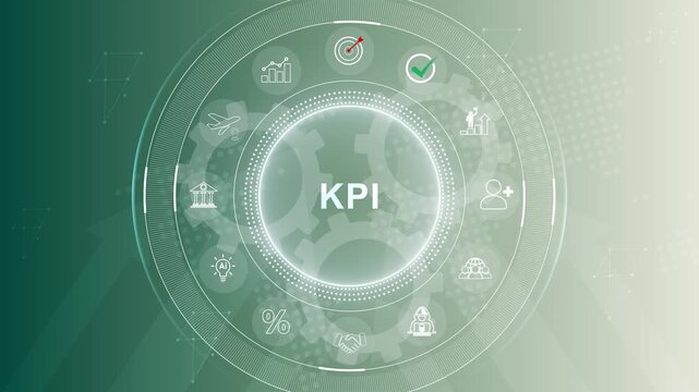 Effective and smart key performance indicators (KPIs) to measure and evaluate progress. Specific, measurable, achievable. 3d Motion graphics of technology icon interface background