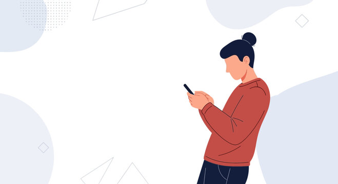 Man with bun hairstyle using smartphone, modern abstract background, flat design illustration