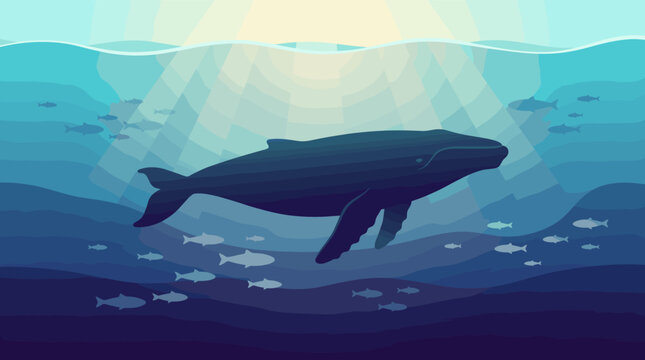 A majestic whale swims peacefully in the deep blue ocean, surrounded by fish. Sun rays filter through the water. Ideal for nature, marine life, or conservation themes.