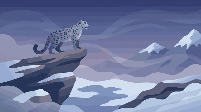 A majestic snow leopard stands on a cliff overlooking a serene, snowy mountain range. Vector illustration for wildlife, conservation, or nature themes.