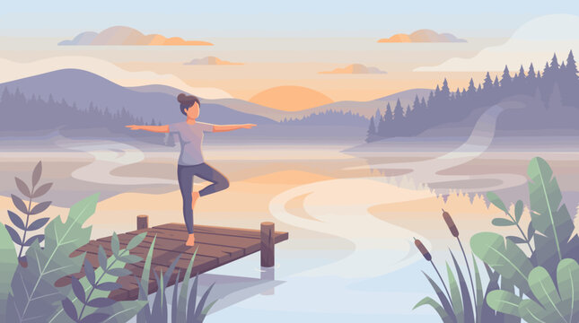 A woman practices yoga on a wooden pier at sunrise. Serene nature landscape illustration for wellness, mindfulness, and mental health concepts.