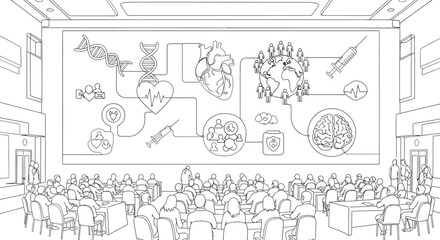 Naklejka premium black and white illustration of a large screen with a presentation in a crowded conference room