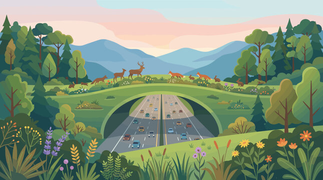 Vector illustration of a wildlife overpass with animals crossing a highway. Concept for ecology, conservation, and sustainable infrastructure coexistence with nature.