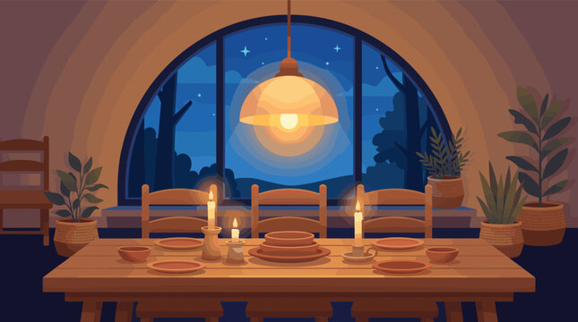 Cozy, candlelit dinner table set for a gathering in a warm dining room. The large window shows a peaceful night sky. Ideal for family, holiday, and hygge concepts.