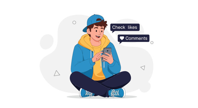 Young man checking social media notifications on his phone, sitting cross-legged