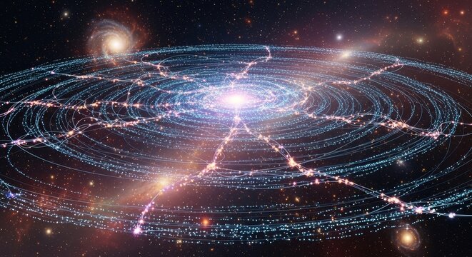 Cosmic web structures are visualized as glowing filaments connecting galaxies in a vast, dark universe.
