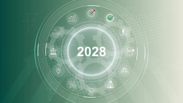 2028 annual business plan and digital business. Technology and innovation for business transformation. Goal achievement and success in 2028. 3d Motion graphics of technology icon interface background