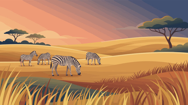 A herd of zebras grazes peacefully in the African savanna during a warm sunset. This vector illustration evokes tranquility and is ideal for travel or nature concepts.