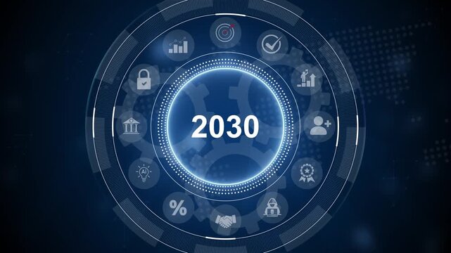 2030 annual business plan and digital business. Technology and innovation for business transformation. Goal achievement and success in 2030. 3d Motion graphics of technology icon interface background