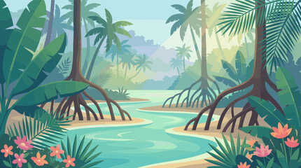 Fototapeta premium Lush tropical jungle with a serene river, mangrove trees, and palm forest. An exotic nature landscape background for travel, adventure, or environmental concepts.