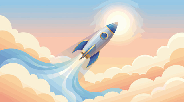 A stylized rocket launches into a pastel sky with clouds and sun. Vector illustration concept for business startup, growth, success, and new ventures.