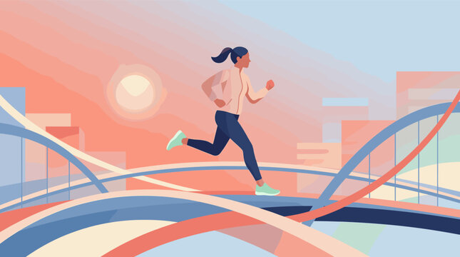 An illustration of a fit woman running on a bridge in a modern city at sunrise. This vector graphic evokes a healthy, active lifestyle, motivation, and urban wellness.