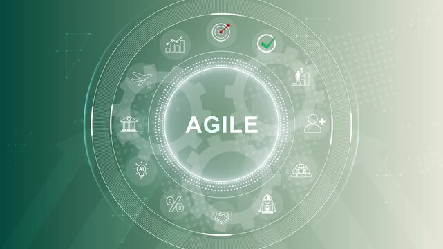 Agile management, the principles of agile software development and lean management to various management processes. 3d Motion graphics of technology icon interface background
