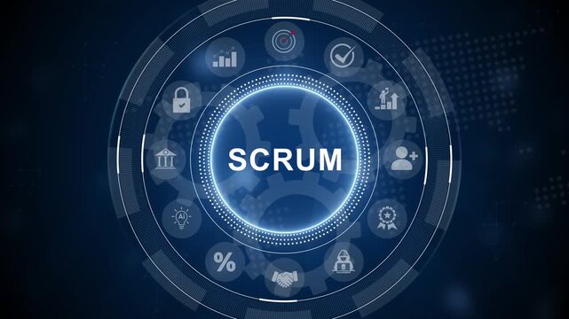 SCRUM, agile development methodology concept. Task sprint teamwork methodology. Adaptable, fast, flexible and effective agile framework. 3d Motion graphics of technology icon interface background