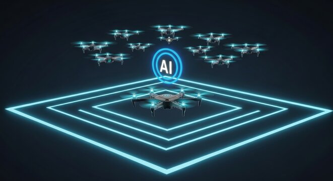 Autonomous drones in formation around a central AI module within a glowing geometric grid.