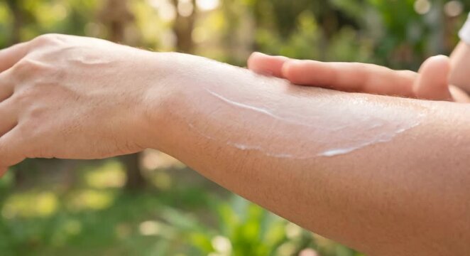 Person applying protective lotion on forearm outdoors, showing skin care, sun protection, and personal health routine in a natural environment.