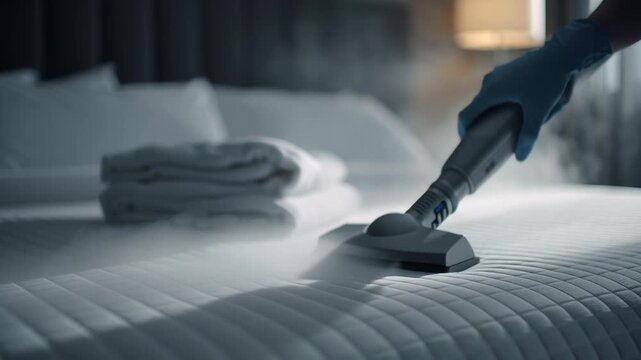Professional cleaning service vacuuming a mattress in a modern bedroom.
