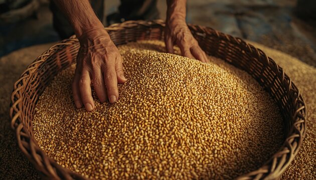 Grandfather Hands picking Wicker winnowing basket of Grains