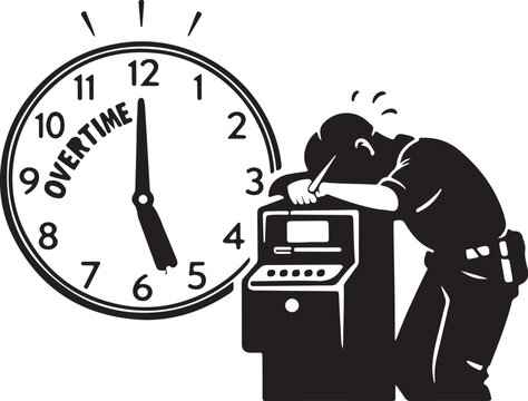 silhouette of overtime clock punch exhausted lean