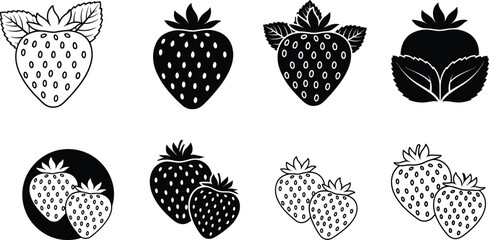Strawberry silhouette vector set with berry icons and leaves for organic food labels garden products farm market branding and summer design © fulbabu