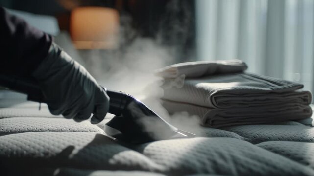 Professional mattress steaming and cleaning service using specialized equipment.