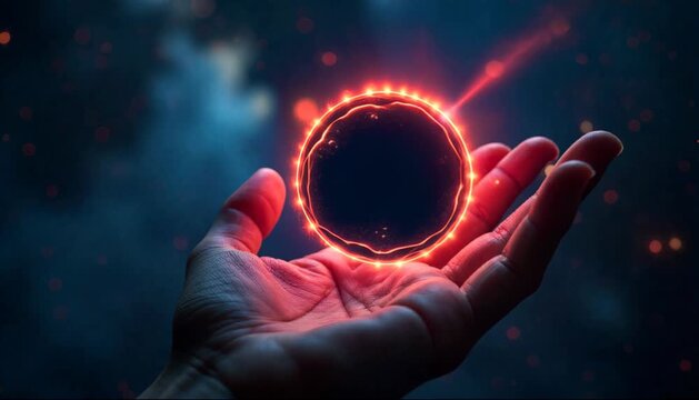 Holographic cosmic black hole simulation projected above a palm 