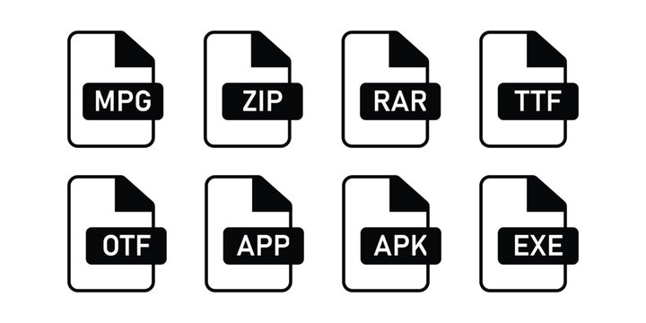 File extension format icon set including MPG ZIP RAR TTF OTF APP APK EXE vector illustration.